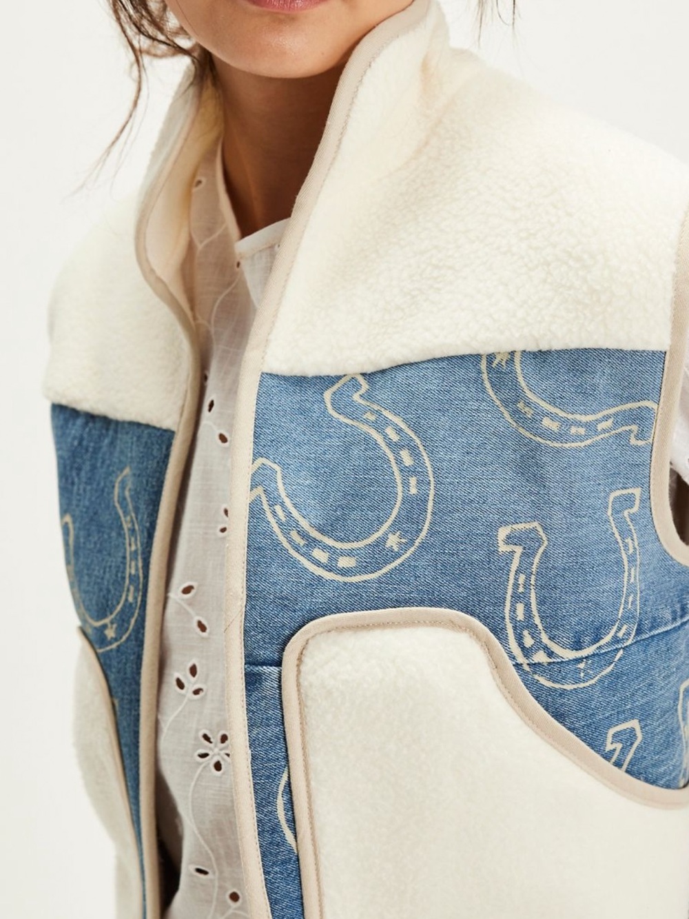 Tricia Fix Sherpa HorseshoeVest with Blue Denim Panels NWT